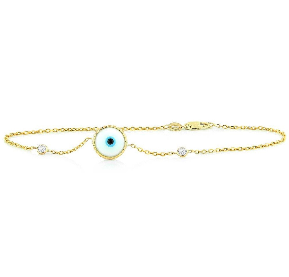 Handmade 14K Yellow Gold Evil Eye Bracelet With Diamonds – White 7.5 Inches