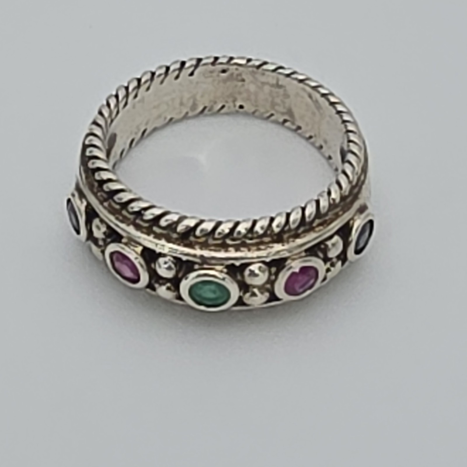 Vtg PRANDA Genuine Ruby Emerald Sapphire Ring 925 Sterling Silver Thailand Sz 8