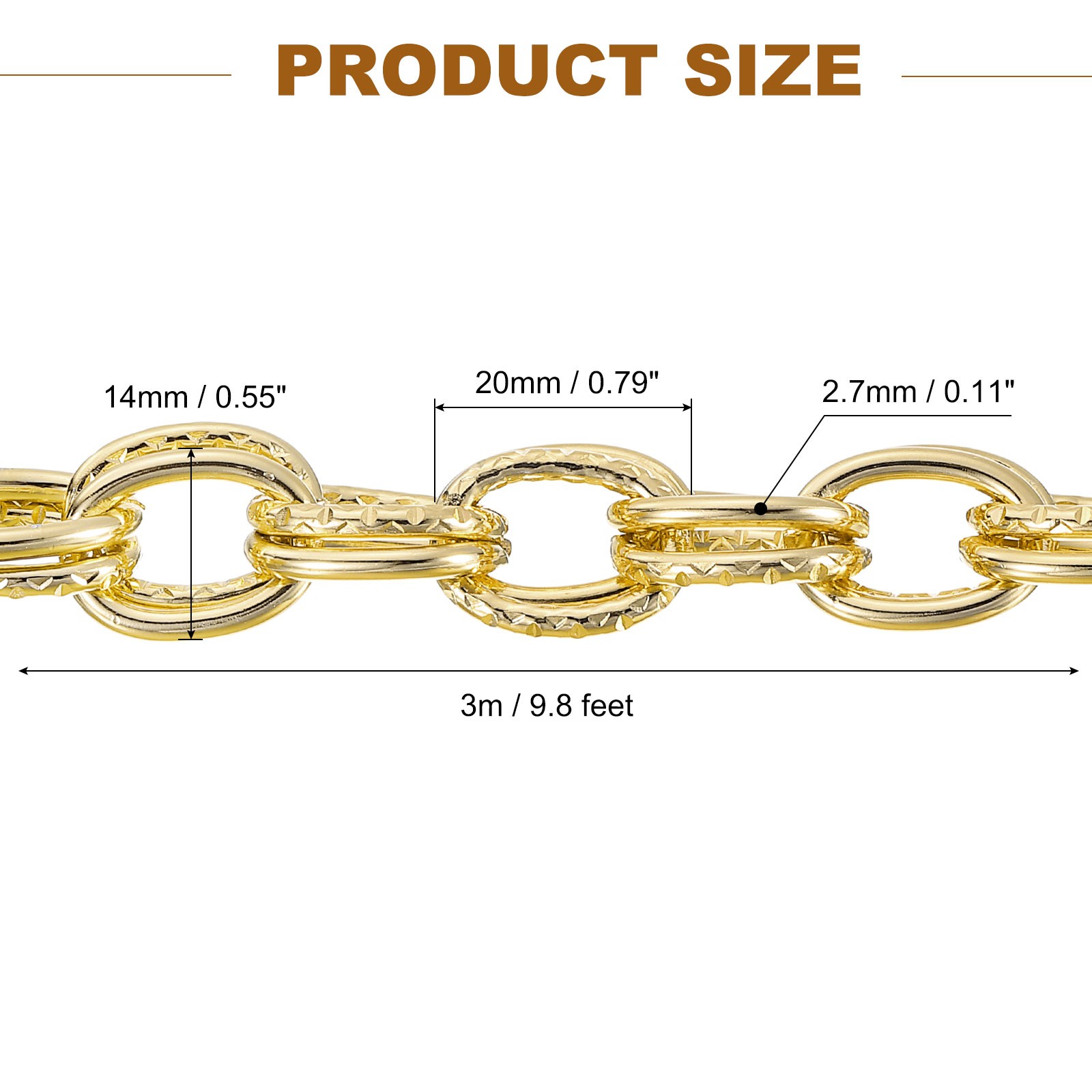 9.8 Feet Aluminum Embossed Double Oval Link Chain, 20x14x2.7mm, Gold