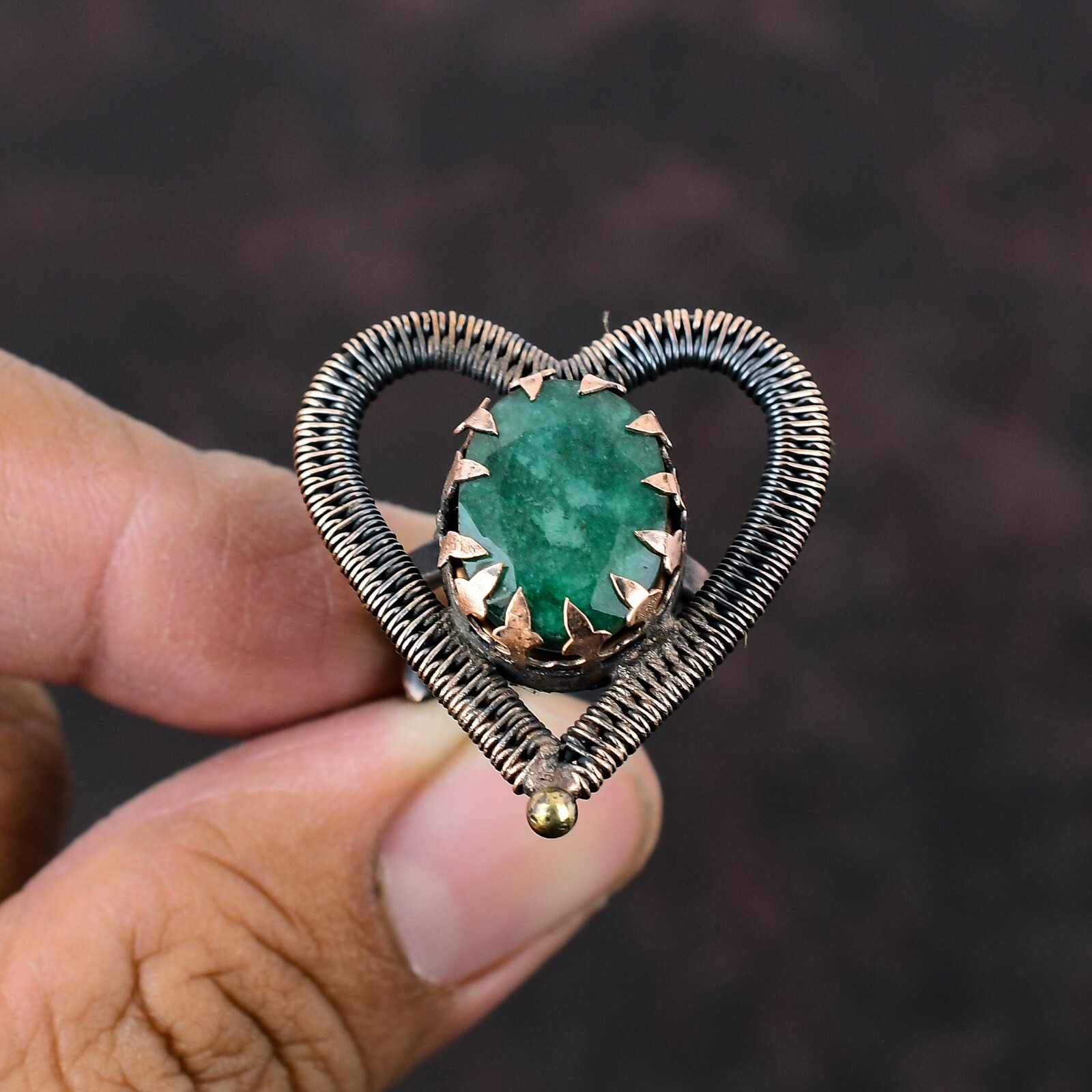 Valentines Deal Zambian Emrald Stone Copper Statement Wire Wrapped Ring Jewelry