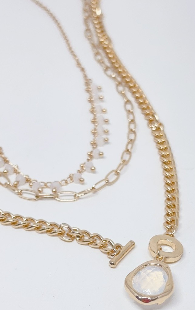 Clasped Layered Necklace with Crystal Pendant in Middle