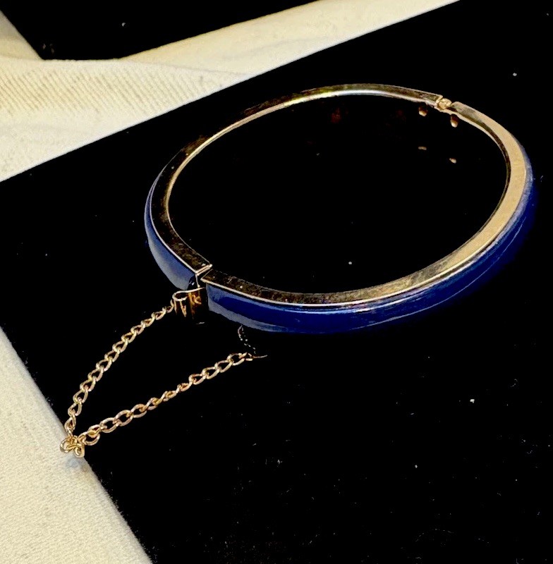 Vintage Napier Hinged Cuff Bracelet With Safety Chain Blue Gold Tone Not Signed