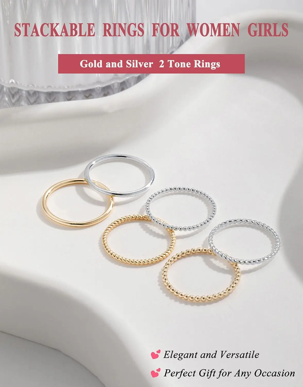 Women Non Tarnish Stackable 1.3mm Thin Ring 14K Gold Plated Dainty Ring Set.