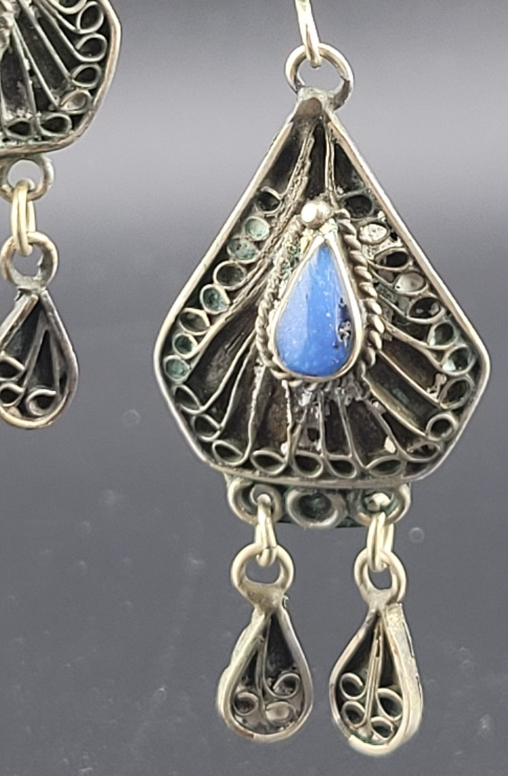 Vintage East India Blue Glass Stone Nickle Silver Chandelier Statement Earrings
