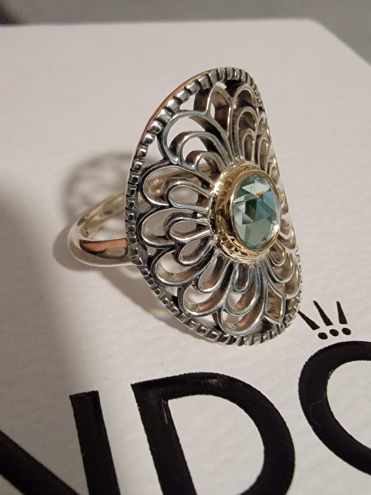 Pandora Vintage Allure Green Sythetic Spinel & 14K Gold Sz 6 With Box