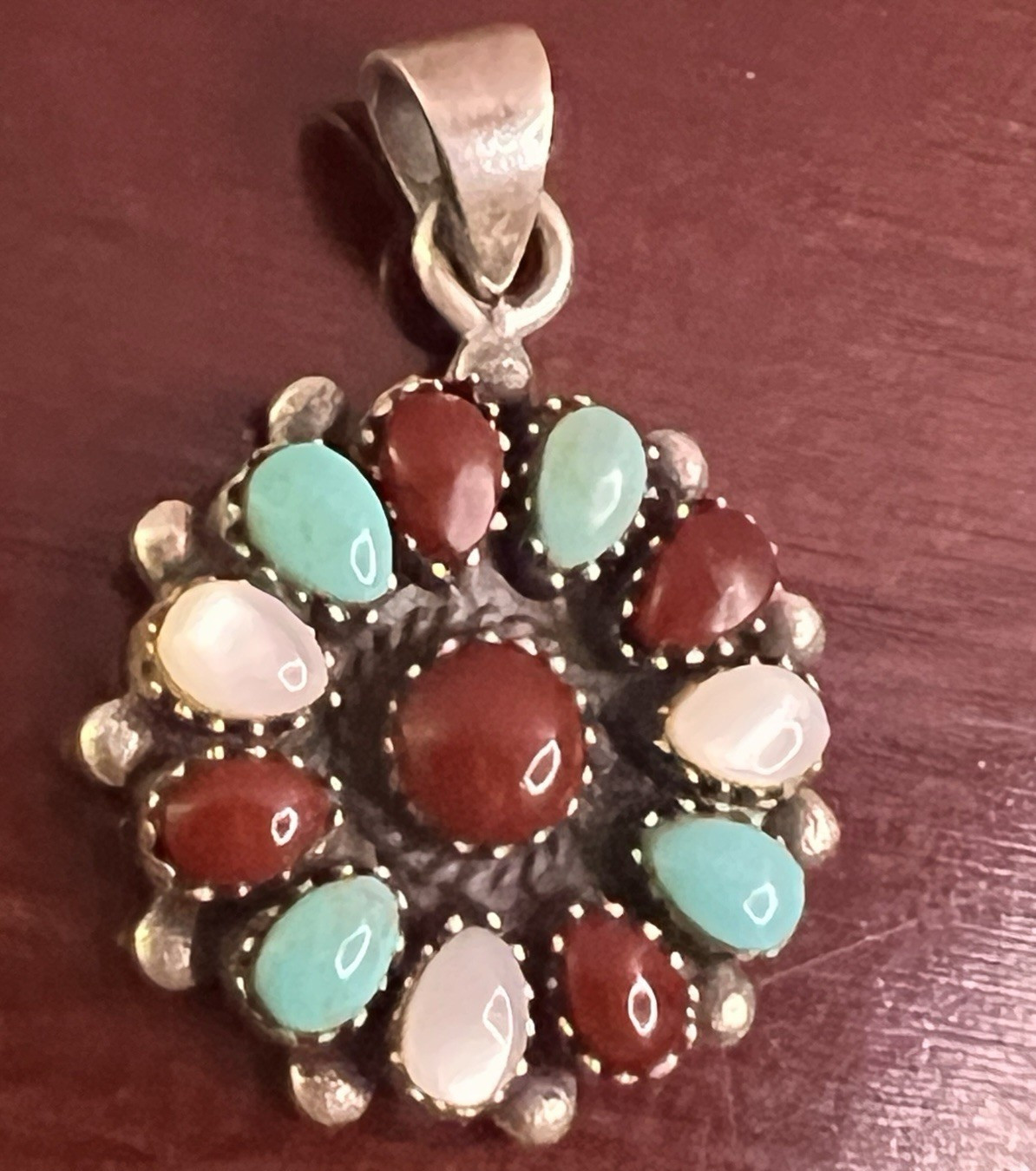 925 Sterling Silver Turquoise Red Coral Mother of Pearl Cluster Pendant