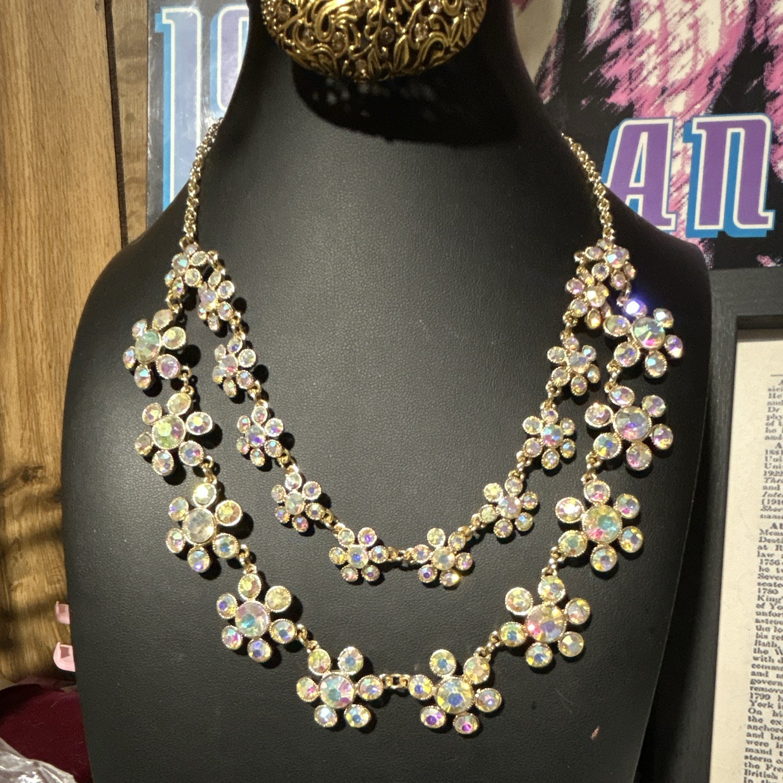 MONET Gold Tone AB Crystal Flower Bib Statement Necklace Adjustable Chain