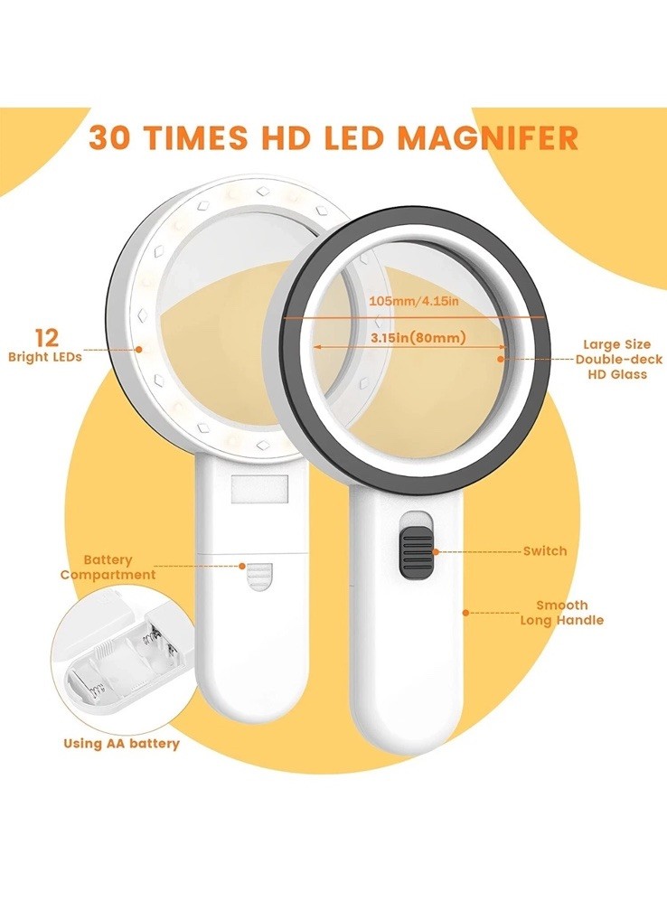 30X Jumbo Handheld Magnifying Glass w/ 12 Bright LED Light Illuminated Magnifier