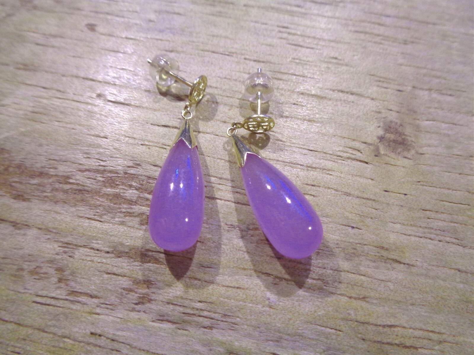 8MM 14K YELLOW GOLD GOOD FORTUNE TEARDROP LAVENDER JADE DANGLY STUD EARRINGS #1