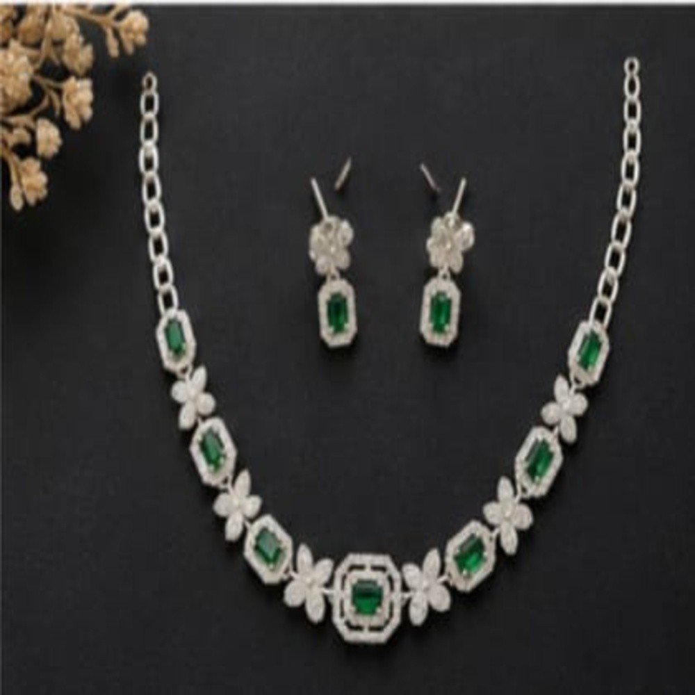 Emerald Green CZ Necklace Set for Women Silver Tone Statement Jewelry Earrings