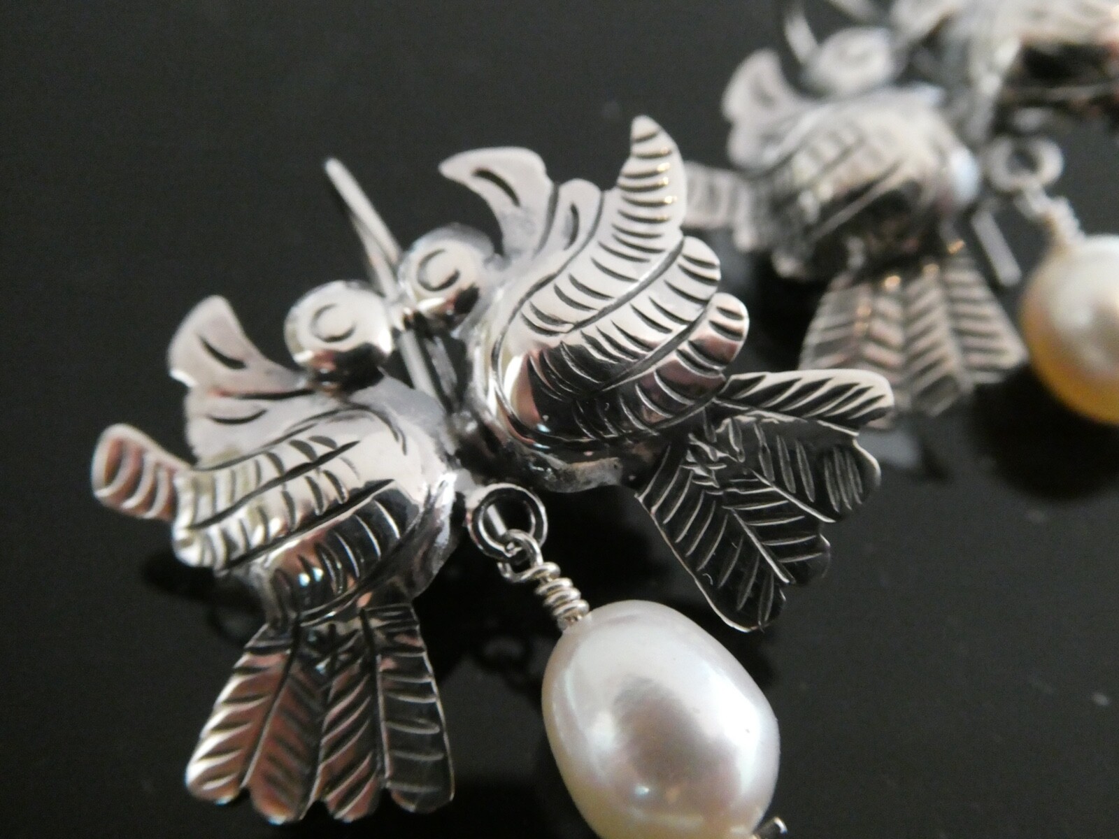 Love Bird Taxco Mexico Sterling Silver 925 & Pearl Frida Kahlo Style Earrings