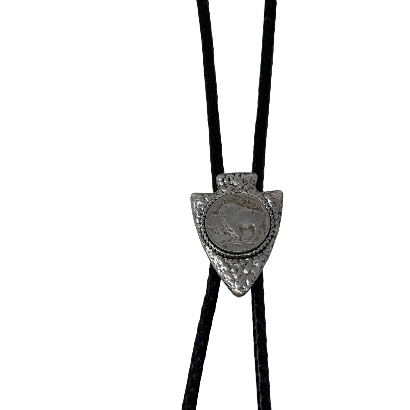 Vintage Bolo Tie Unisex OS Black Silver Excellent Buffalo Nickel Arrowhead