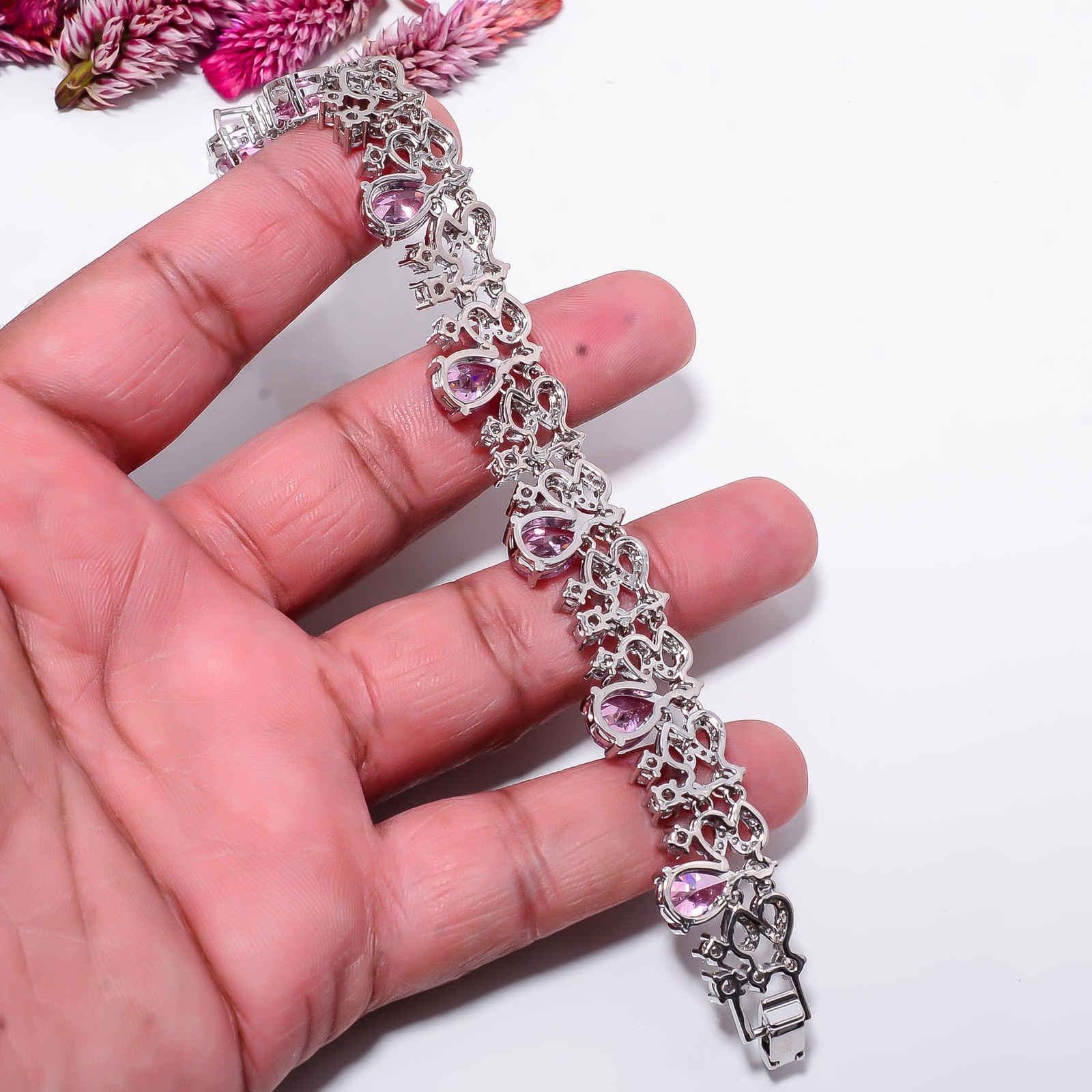 Pink Sapphire -Simulated, CZ 925 Sterling Silver Adjustable Bracelet 7-8″ B9918