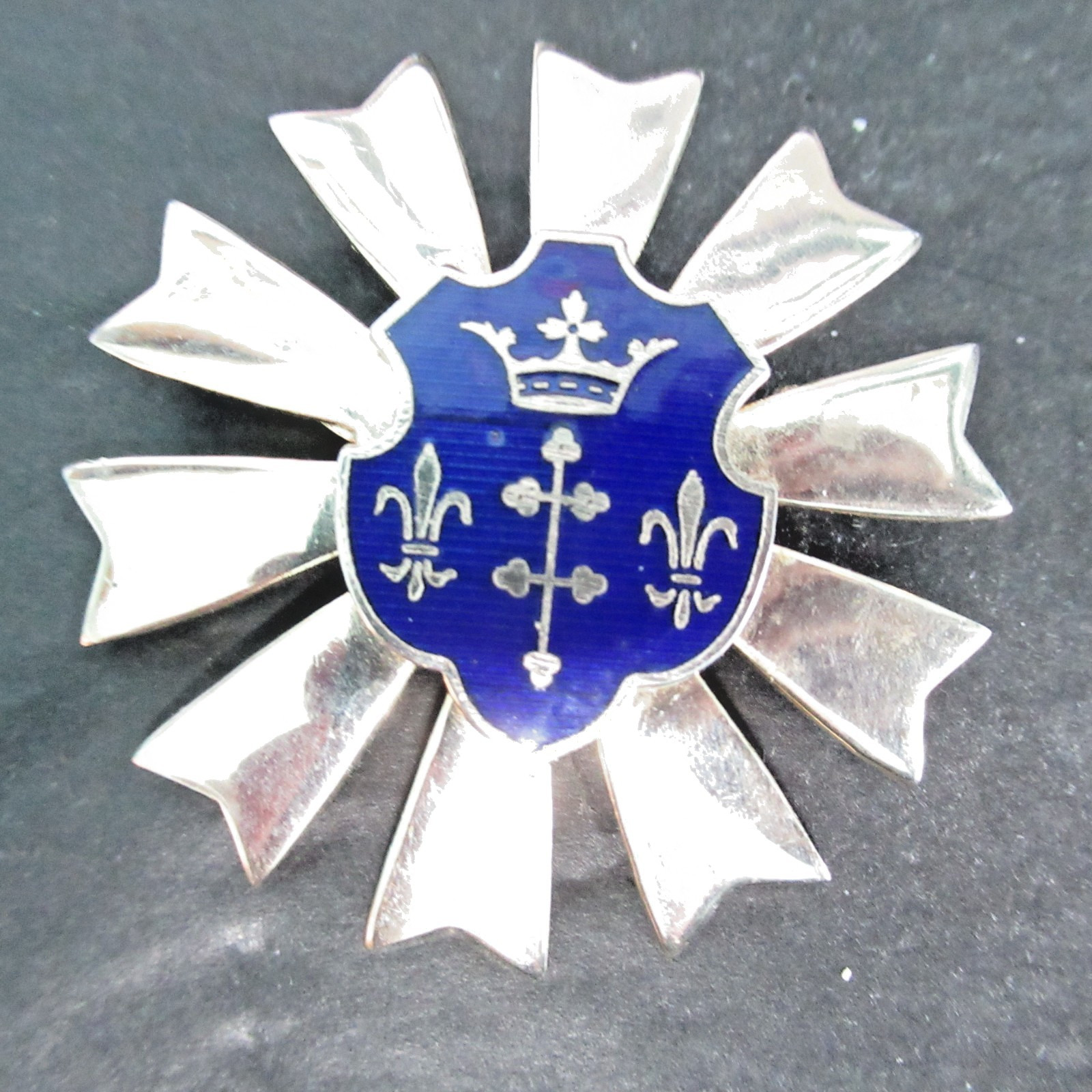Coat of Arms Starburst Blue Enamel Crown Fleur de Lis Vintage Brooch Pin