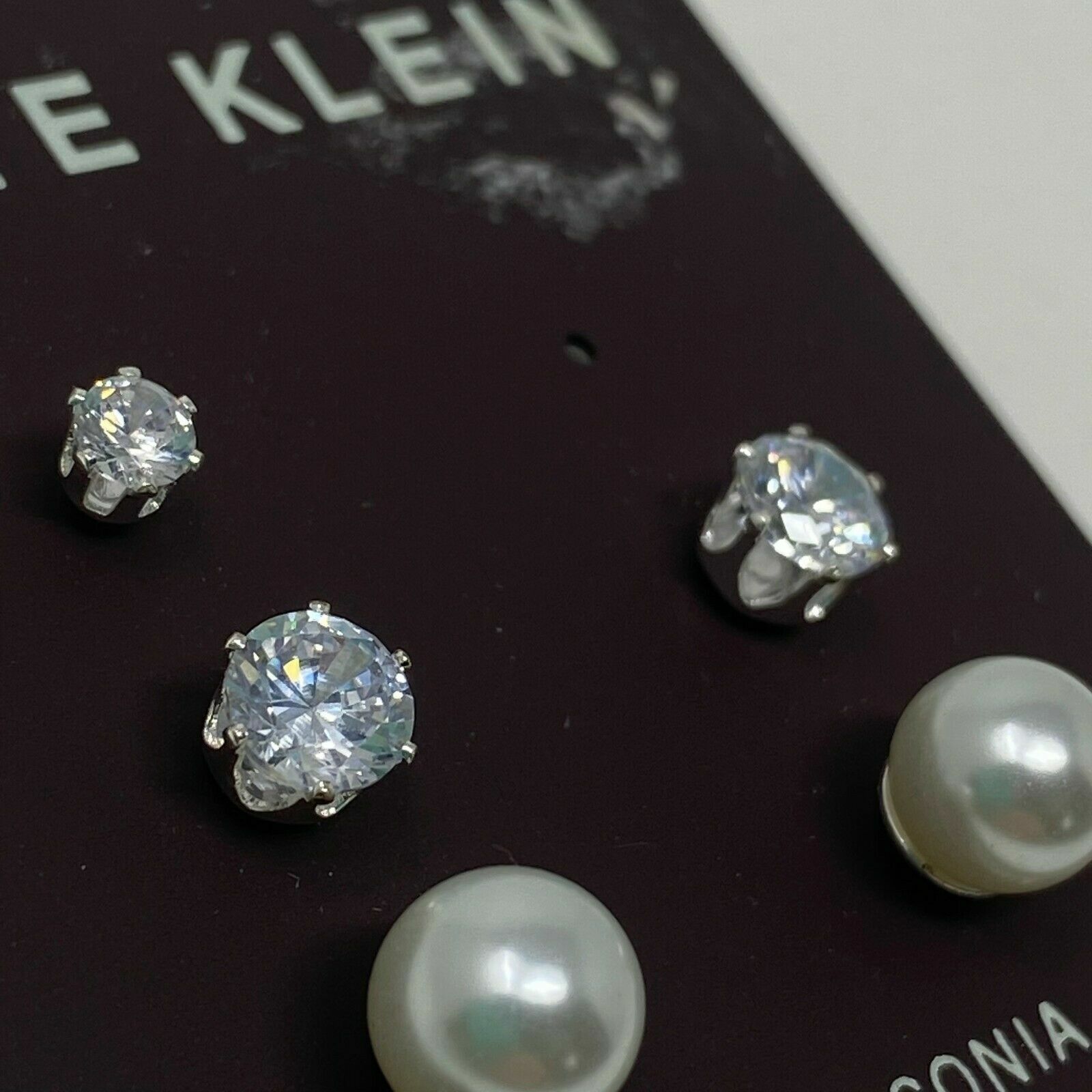 Anne Klein Two Pair Post Stud Earrings Faux Pearl Cubic Zirconia Silver Tone