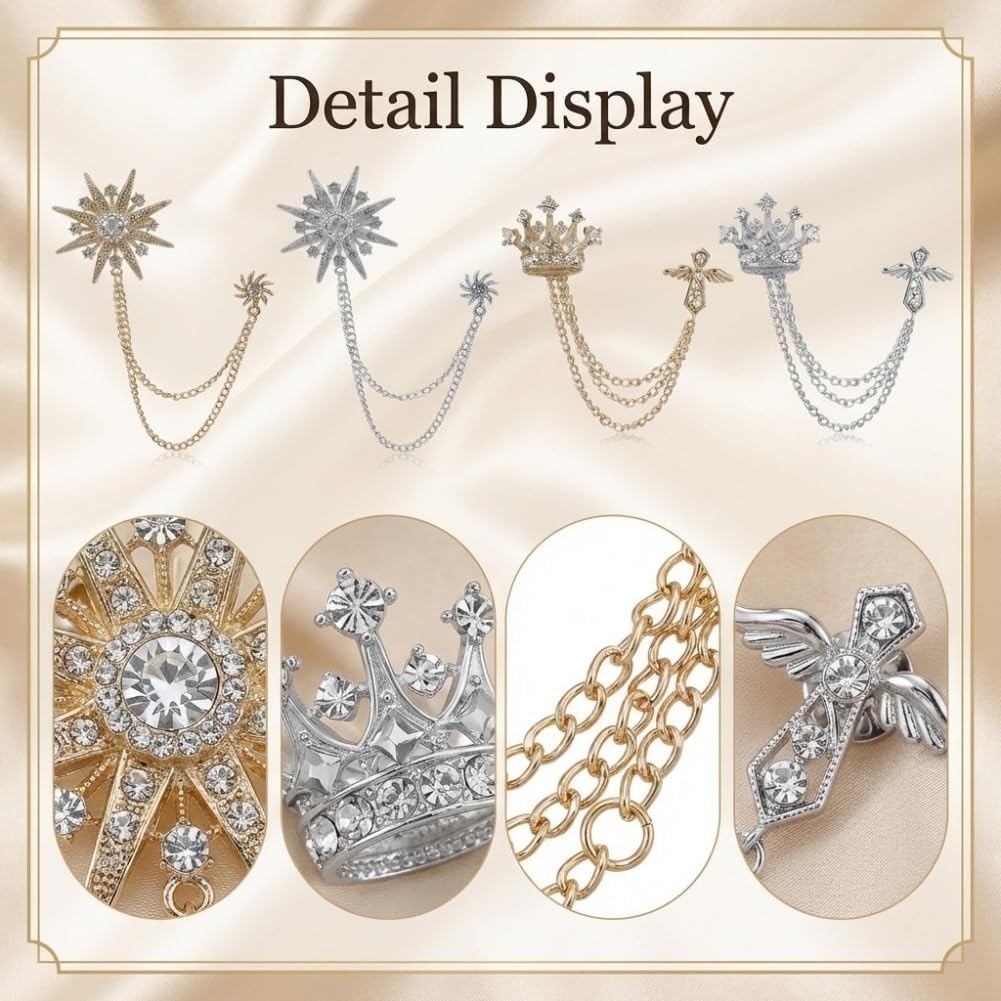 Crystal Men’s Crown Star Hanging Chain Brooch Suit Pin with Crystal Chains and
