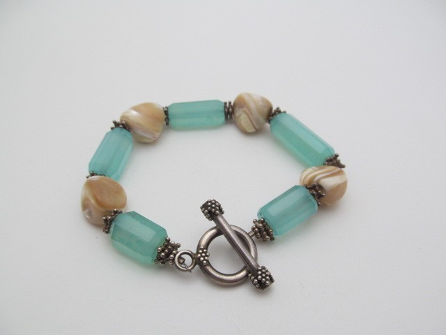 Sterling Silver Aqua Chalcedony & Pearl Natural Stone 13.25mm Toggle Bracelet