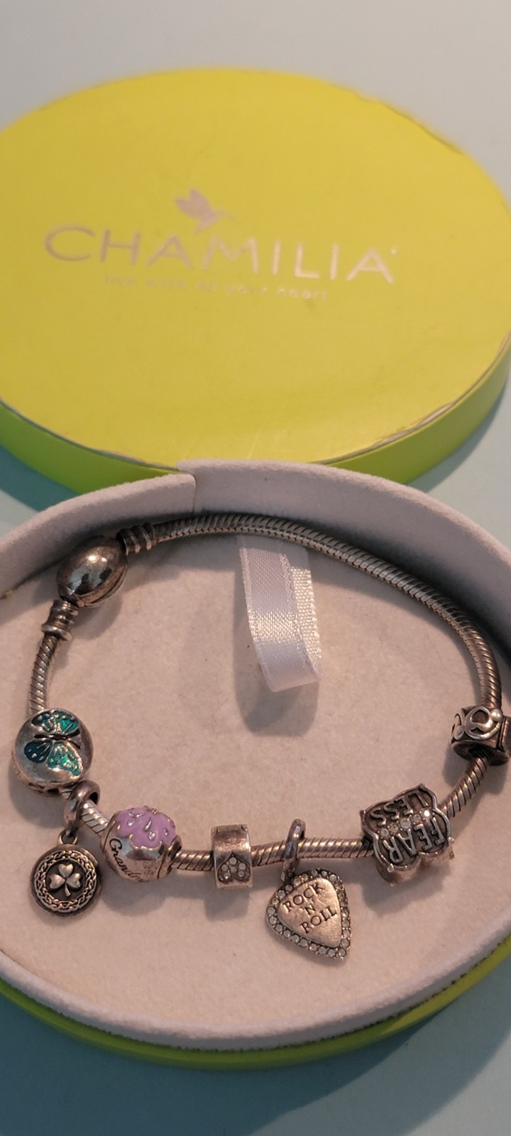 Retired Chamilia Pandora Sterling Silver Charm Bracelet Set with 7 Charms & Box