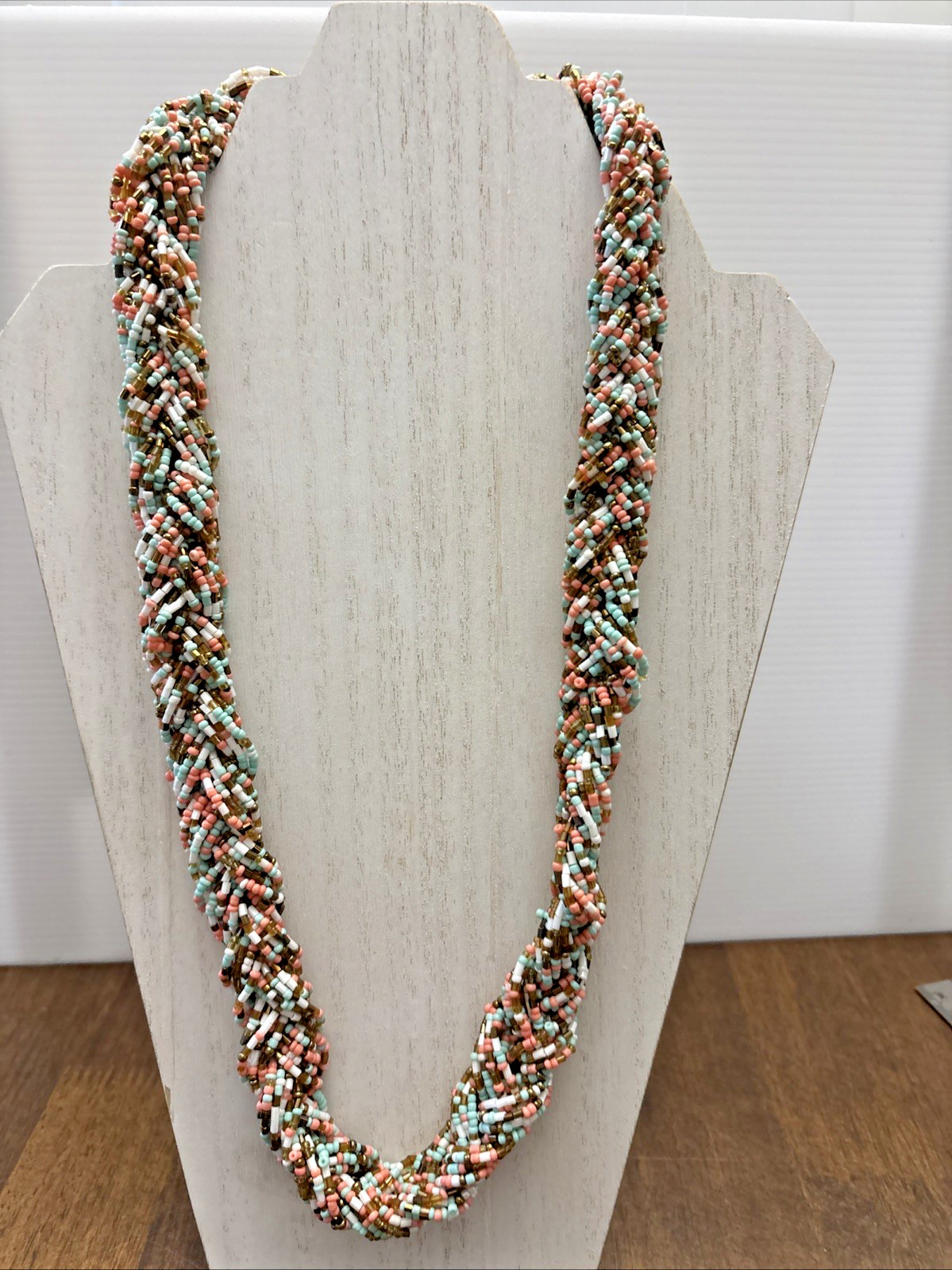 Handcrafted Beaded Necklace Brown Pink Turquoise White Pattern 24 Inch Long
