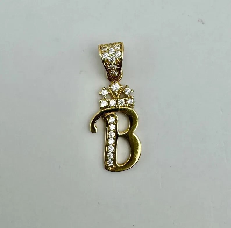 925 Sterling Silver Simulated Diamond “B” Vintage Pendant 14k Yellow Gold Plated