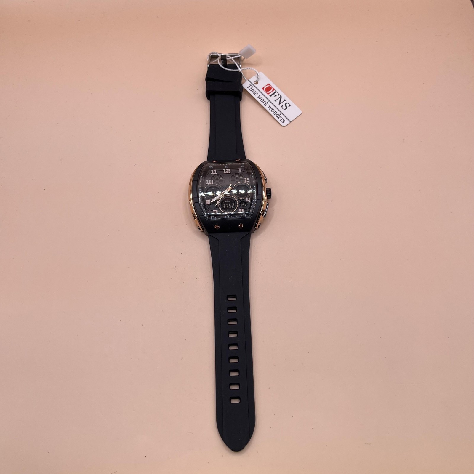 OFNS Watch Mens Black Rose Gold Tonneau Ana-Digi Silicone Strap Quartz S6157