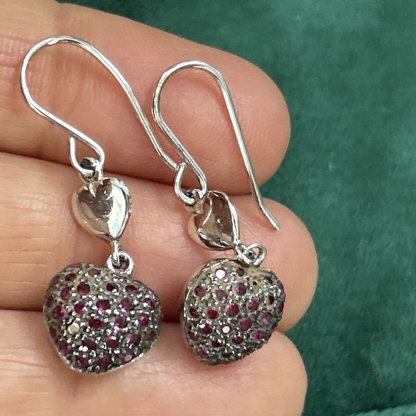 VTG OTC 925 Sterling Silver lab created Ruby Puffy Heart Pave Earrings 1.25” 4g