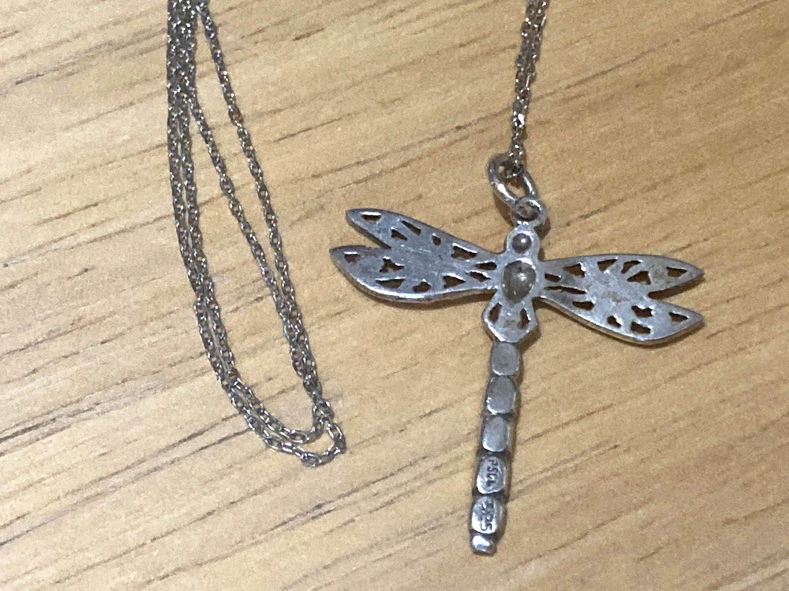Vintage Peter Stone Pendant Necklace Sterling Silver Dragonfly Abalone Charm 925