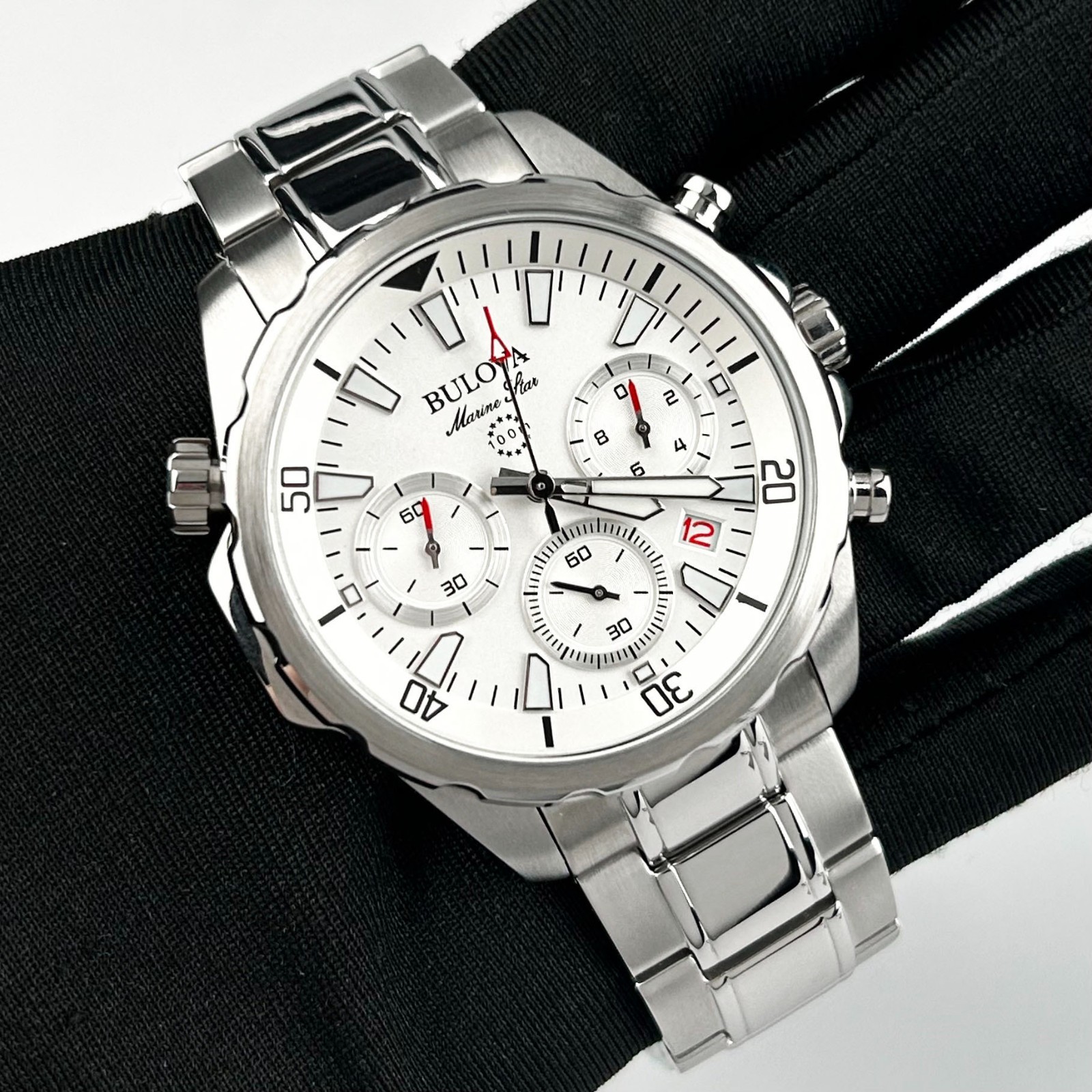 Bulova Marine Star 96B255 Men’s Classic White Dial Chronograph Quartz Watch 43MM