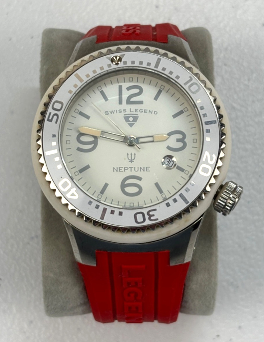 Men’s SWISS LEGEND NEPTUNE 100m Dive Silver White Red 112008323 WATCH #20