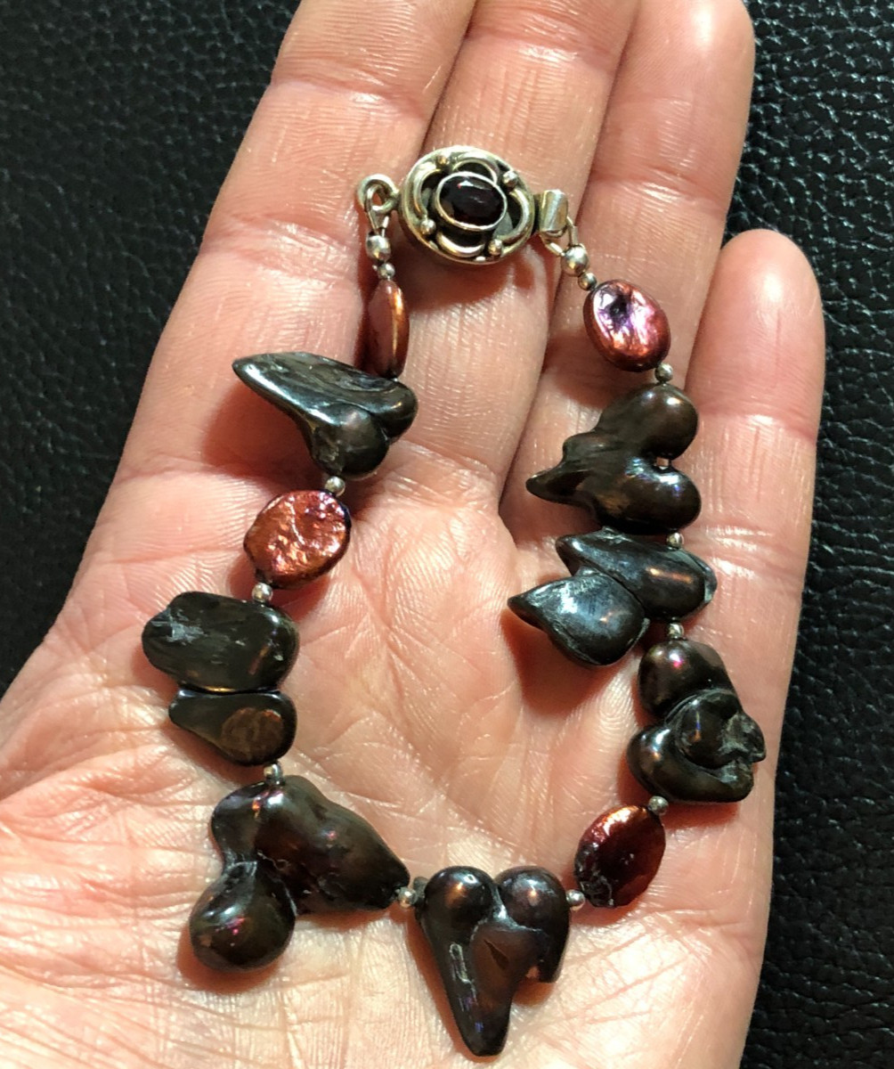 Sterling Silver FRESHWATER PEARL Bracelet RED BURGUNDY Garnet 925 7.5″ 3393