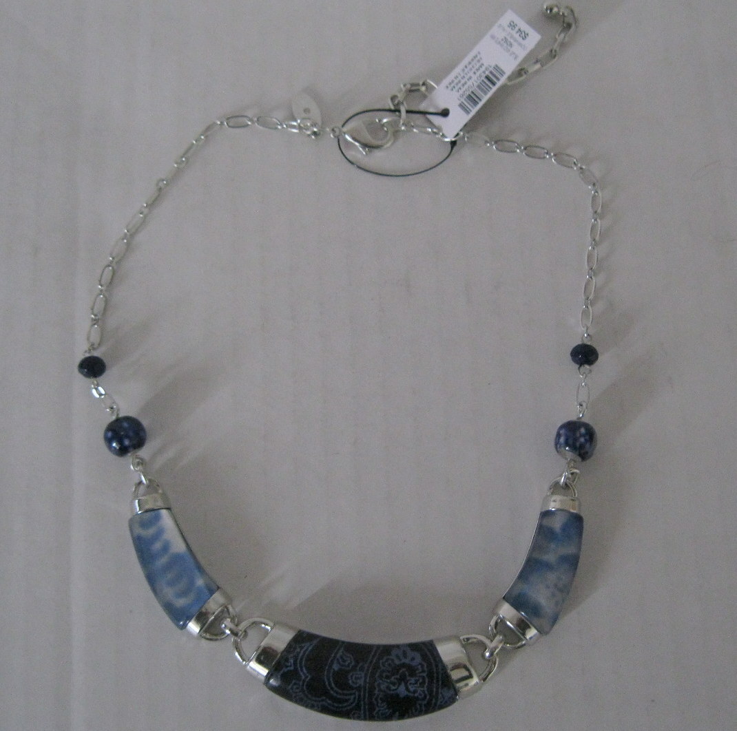 New CHICO’S Blue & White Mix Printed Bib Necklace Nickel Free 18″ Long