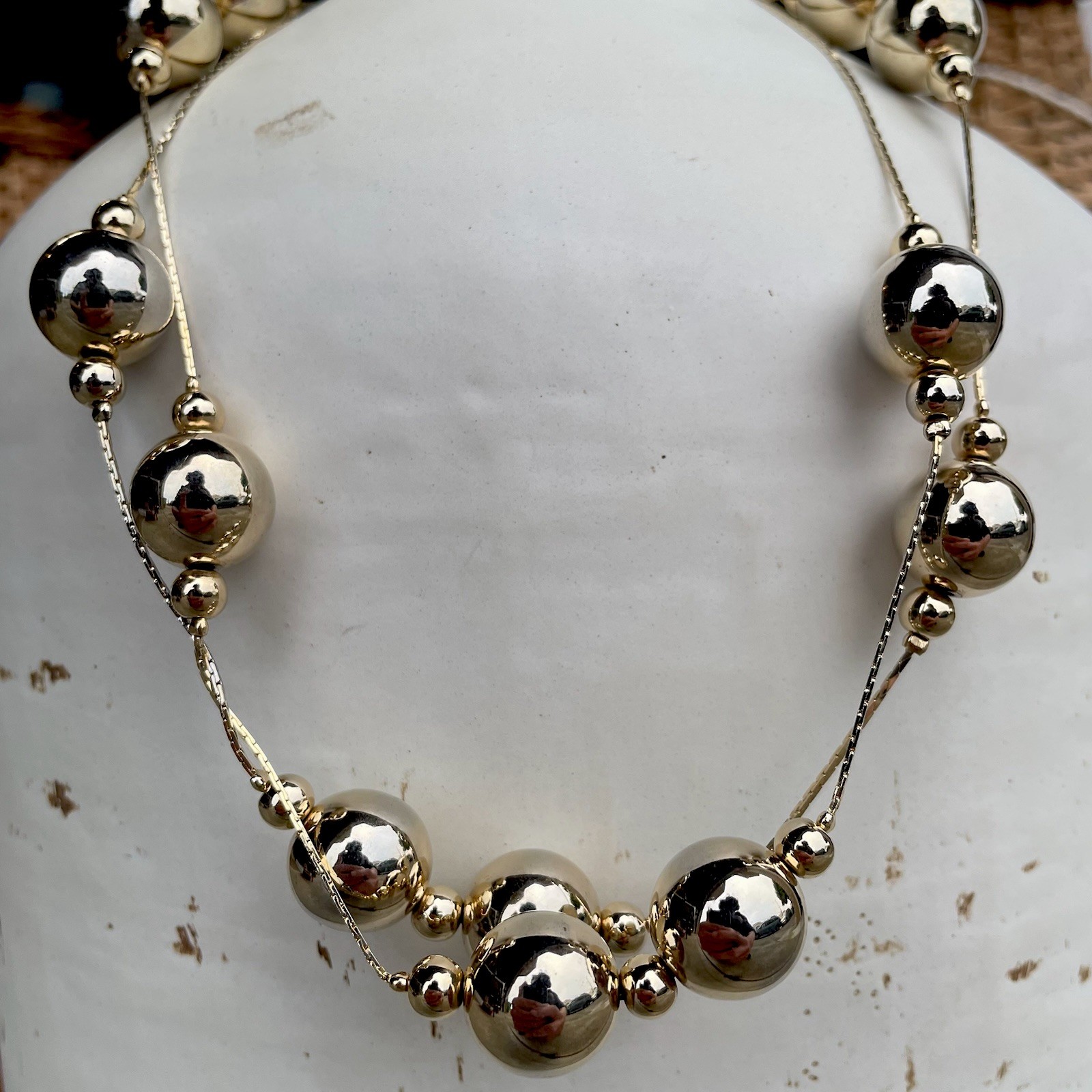 Vintage Signed Korea 14K Gold Plated Beaded Station Necklace Ball Link Chain 36”