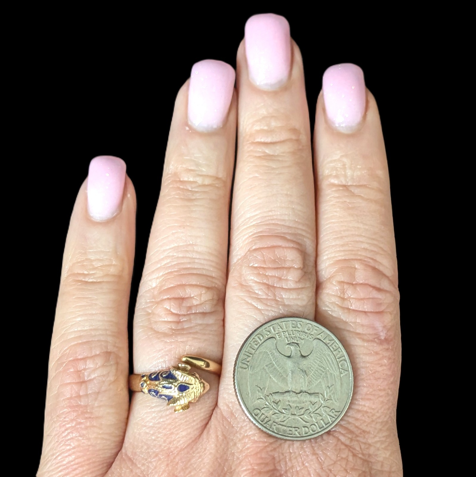 1970s Vintage 14k Gold Enamel Ram Head Bypass Ring Wrap Cocktail Gift Estate