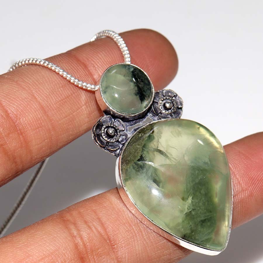 925 Silver Plated Decent Moss Prehnite Necklace 17″ One Of A Kind Design JW