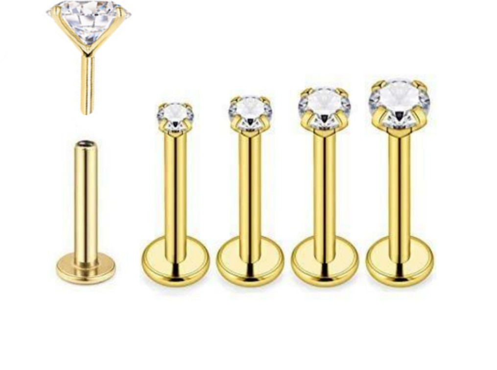 2pc 20g 18g 16g Flatback Push Top Threadless Gold Nose Stud Labret Earrings Ring