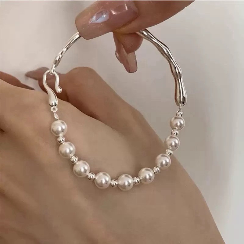 Pearl Open Cuff Bracelet Irregular Wave Bangle Asymmetrical Pearl Bracelet 008