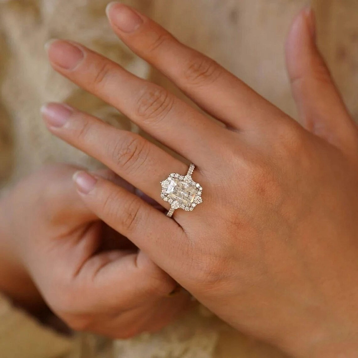 F/VVS1 Radiant Cut 2.50 CT Moissanite Halo Engagement Ring Solid 14K White Gold