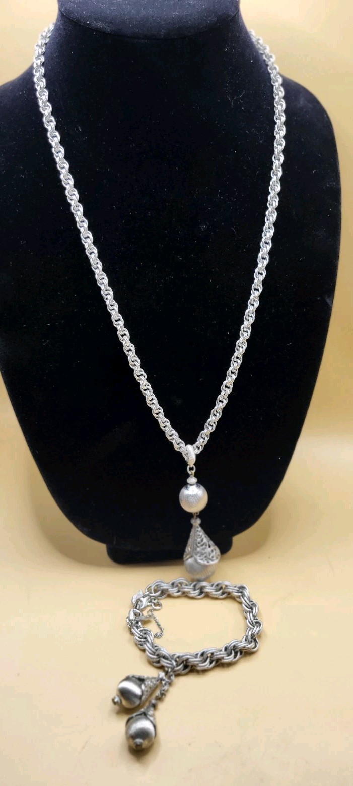 Vintage Signed Monet Bolero Necklace and Bracelet Set Silver Tone Brushed Finish