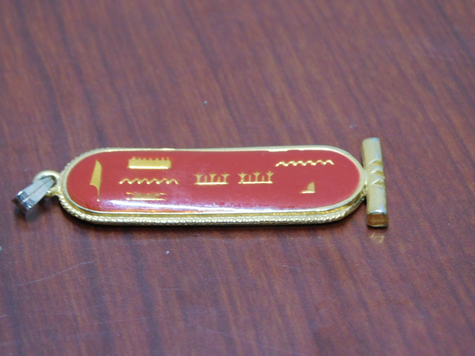 R Egyptian Gold toned Red Coral Enamel Cartouche Pendant from Egypt Amulet