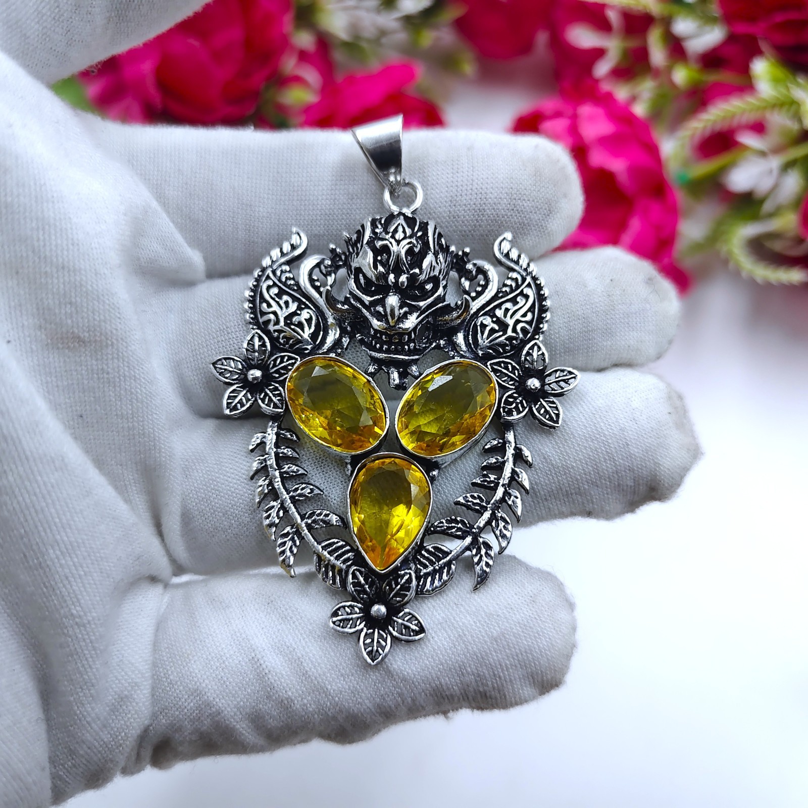 Yellow Citrine Gemstone Handmade 925 Sterling Silver Jewelry Pendant Size-2.25″