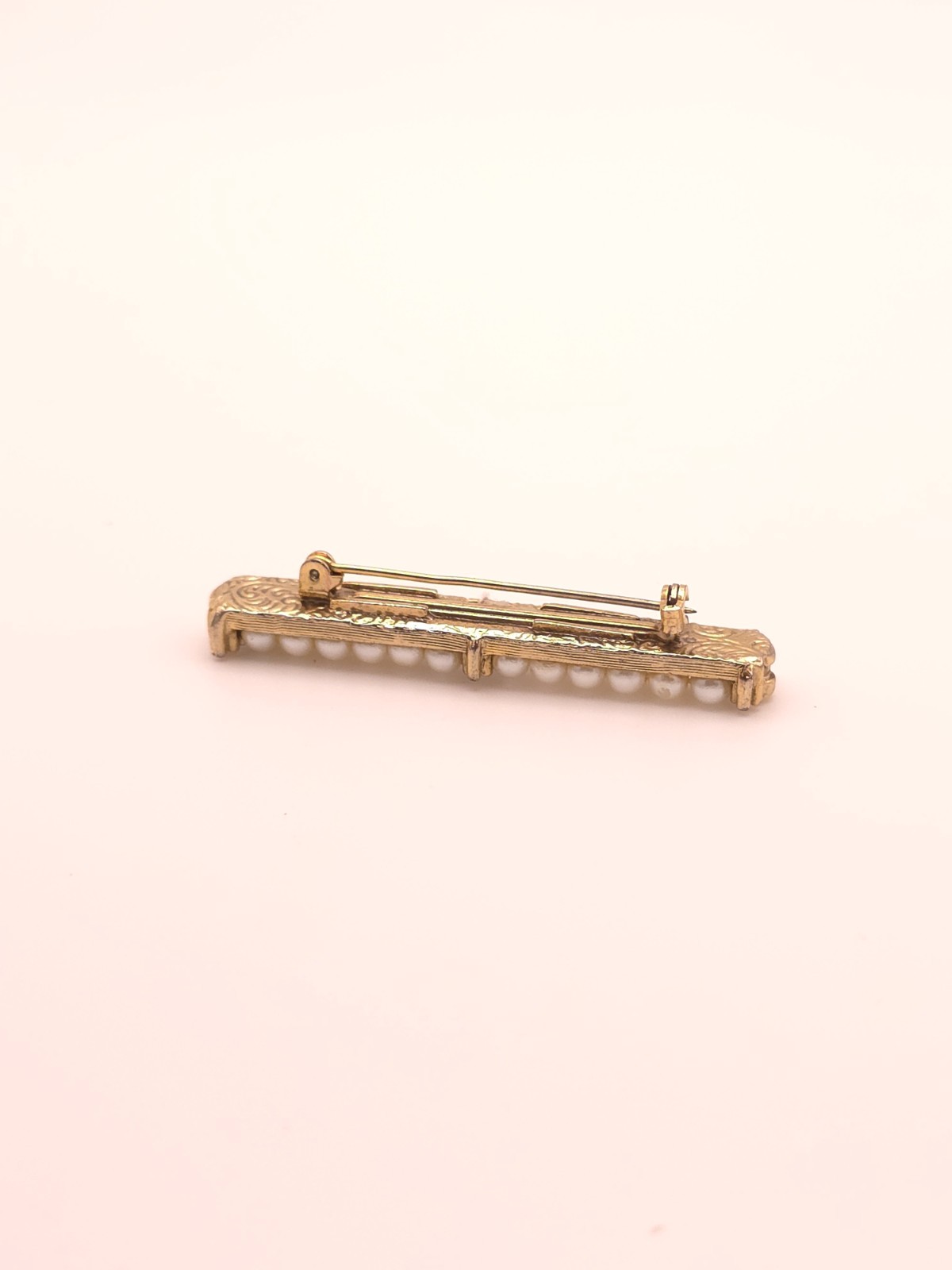Vintage Gold Tone Bar Brooch Pin Round Simulated Pearl & Clear Rhinestone
