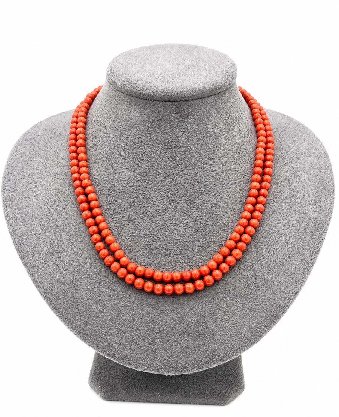 Mediterranean Red Coral Necklace 2 Strands 5mm 18kt Gold Handmade Made In Italy