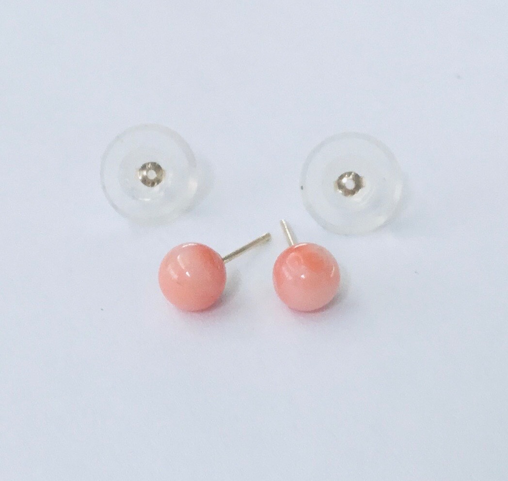 Small Natural Angel Skin Coral 5.4 – 6 mm Ball Solid 14K Gold Stud Earrings NEW