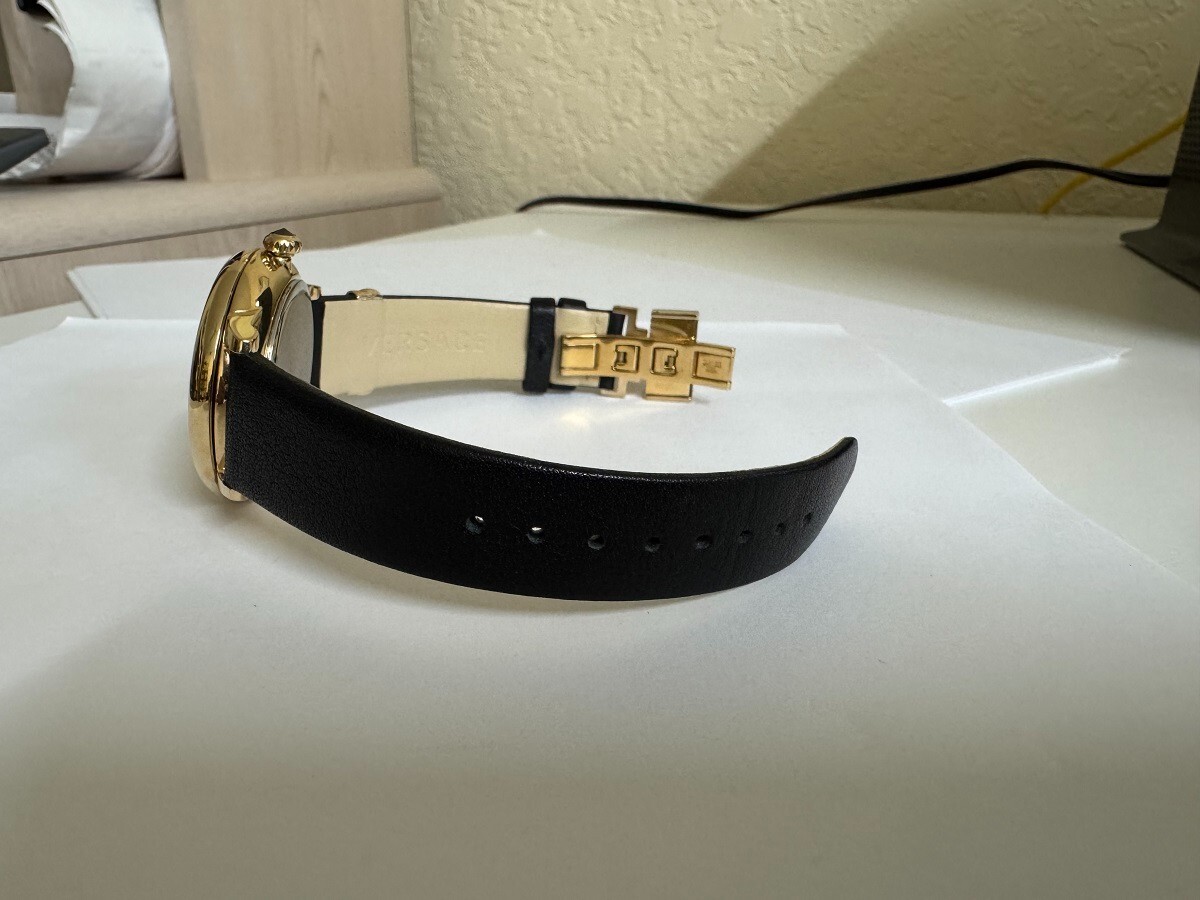 Versace Medusa Icon Yellow gold tone black leather band watch 38mm