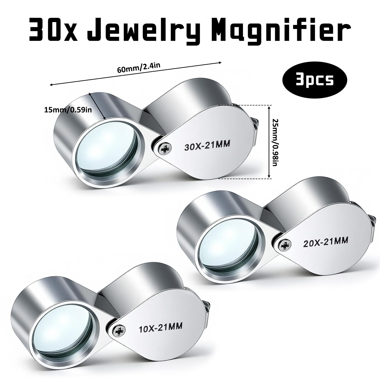 3 Pieces 10x Loop Magnifier Loupe Jewelry 10x 20x 30x 20mm Eye Loops Foldable