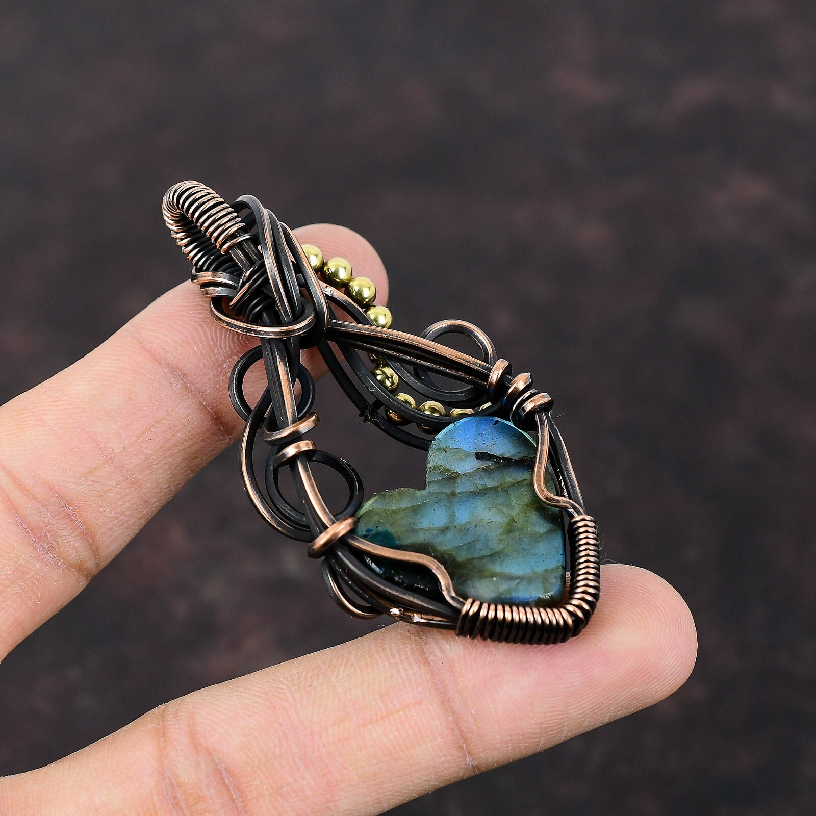 Gift For Her Multi Fire Labradorite Wire Wrapped Pendant Copper Jewelry 2.76″