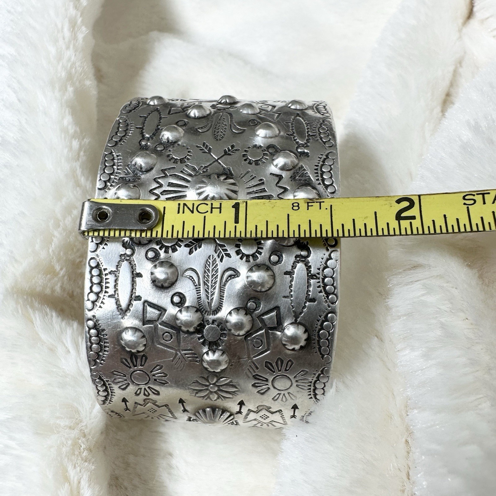 Fred Harvey Era Navajo Repousse Stamped Sterling Silver Wide Cuff Bracelet 52g