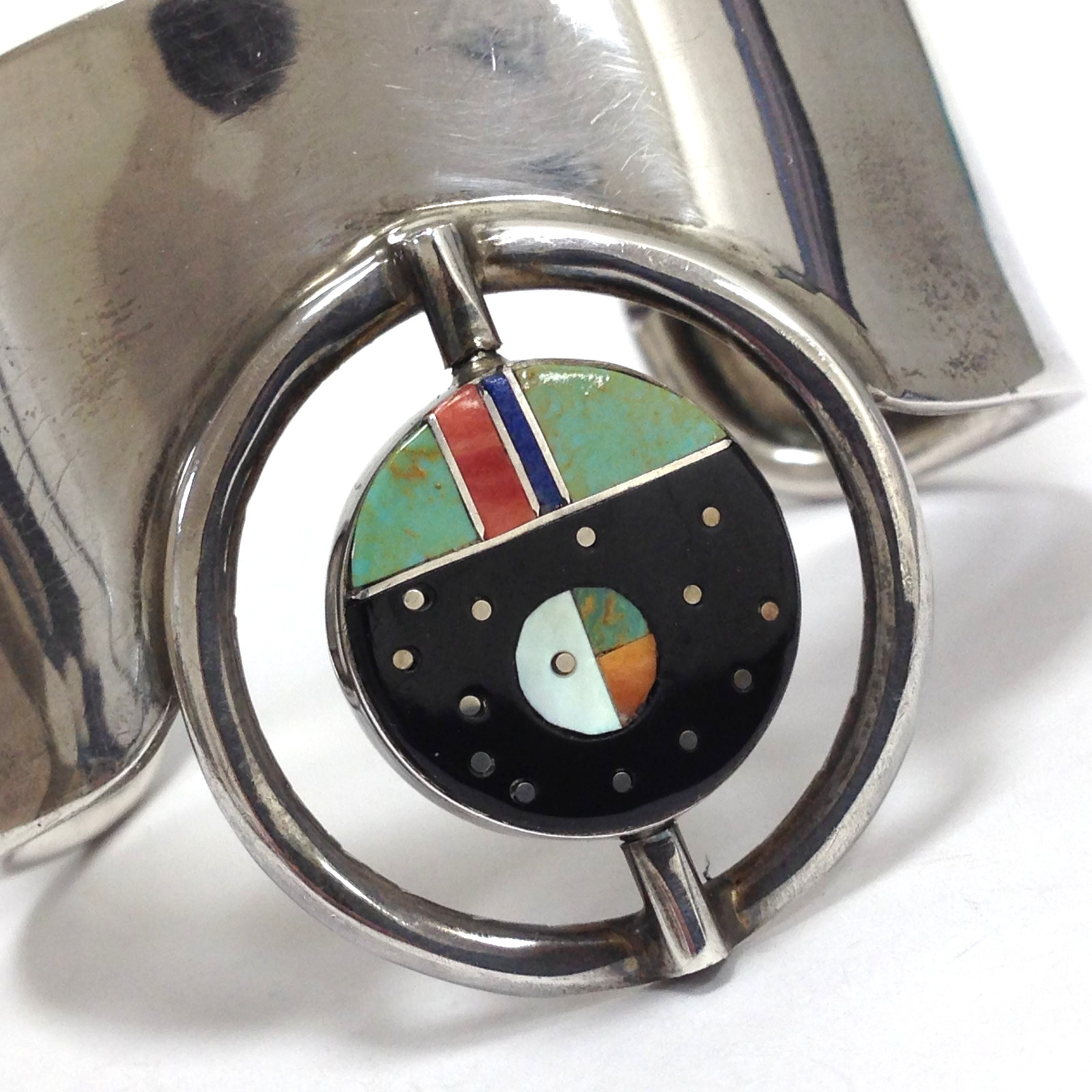 F.J. Henry Signed Storyteller Multi Stone Inlay & Kokopelli Spinner Wide Cuff