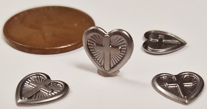 12 VINTAGE STEEL RAISED CROSS HEART 9mm. SILVER METAL STAMPING FINDINGS N58