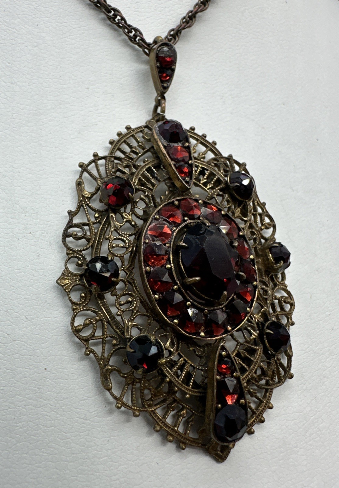 Vintage Antique Bohemian Czech Glass Or Garnet Pendant Necklace 17” Lovely!